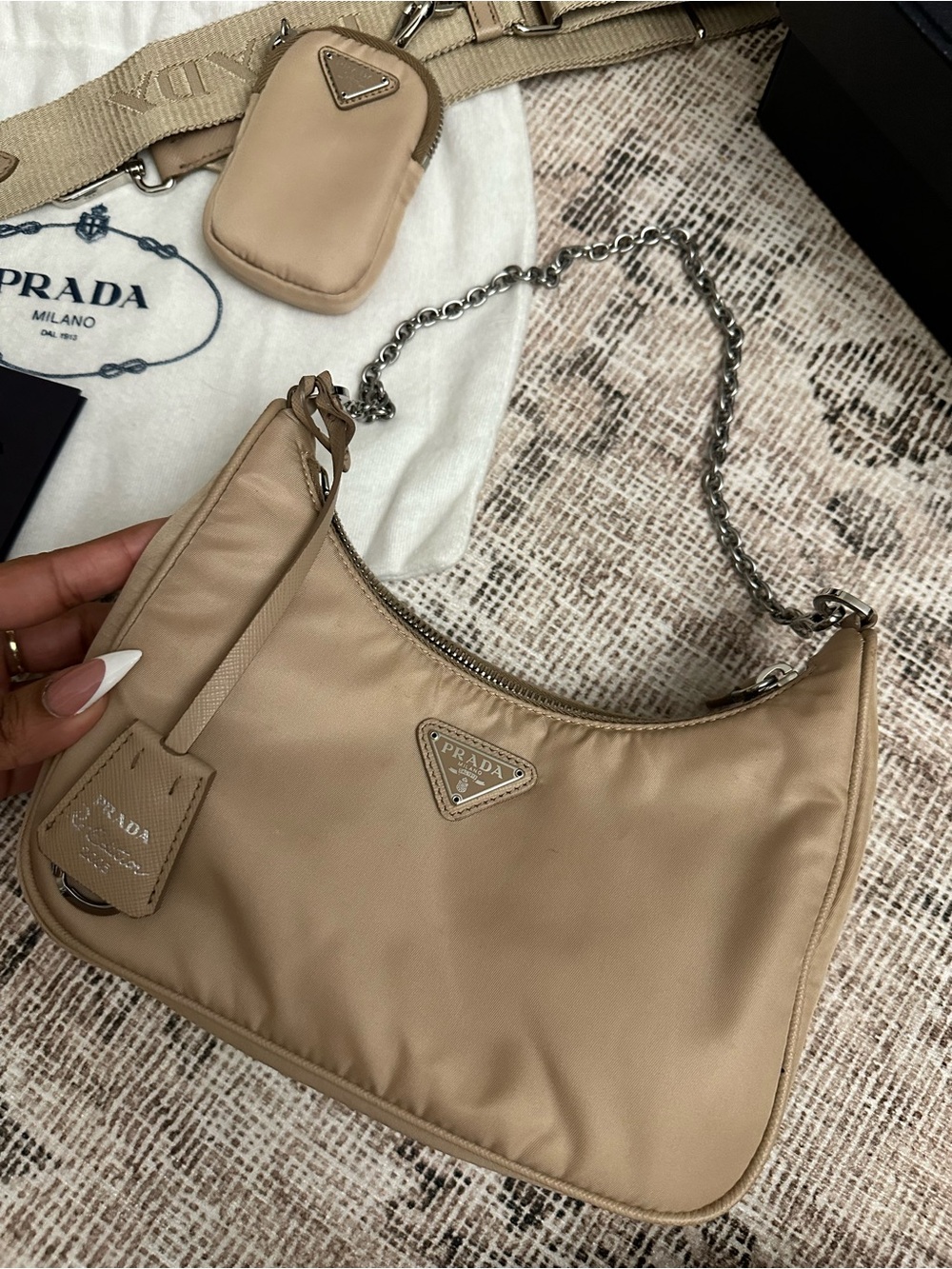 Prada Beige Nylon Shoulder Bag with Chain Handle and Detachable Strap - Picture 2 of 6